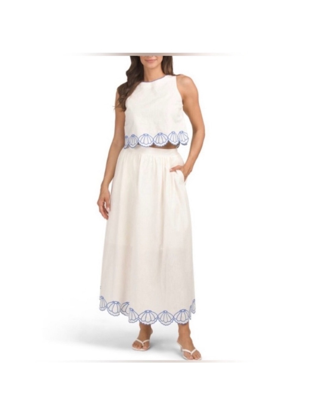 Calypso St. Barth Cream Maxi Skirt and Top with Blue Shell Embroidery